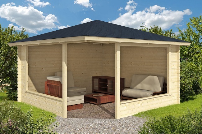 Marit garden gazebo with a pyramid style pitched roof and black shingles
